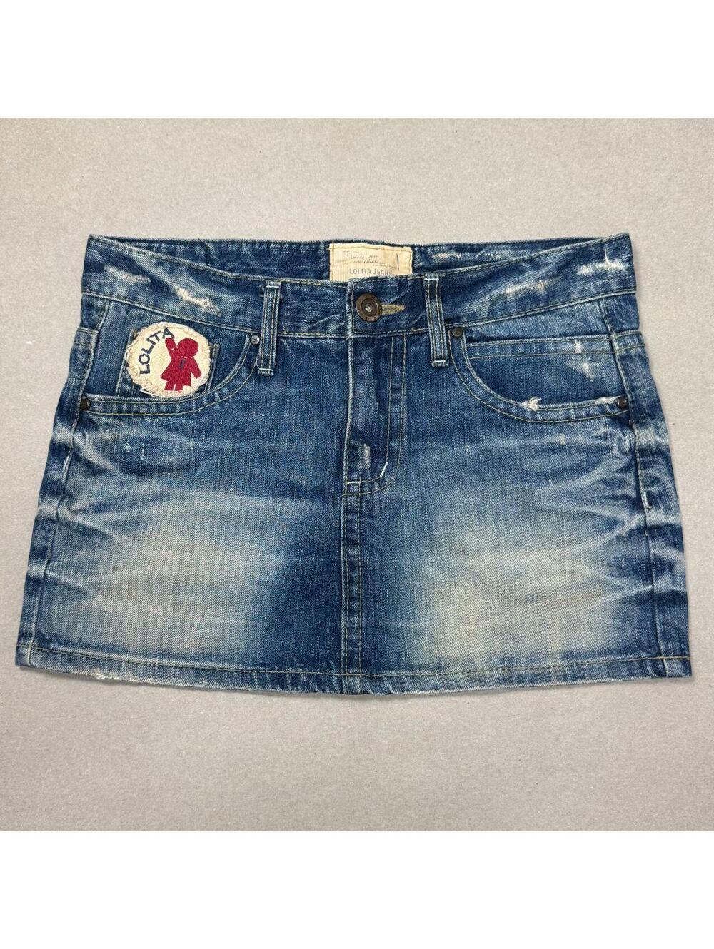 Vintage Y2K Denim Micro Mini Skirt Low Rise Faded With Patches